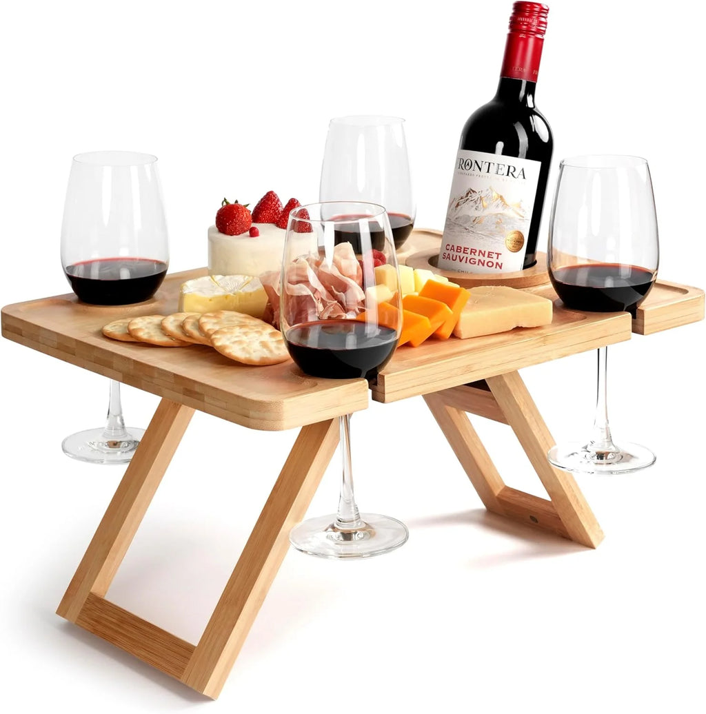 Outdoor Wine Picnic Table, Folding Wine Table, Charcuterie Board with Wine Glass Holder, Mini Table for Picnic, Picnic Date Esse