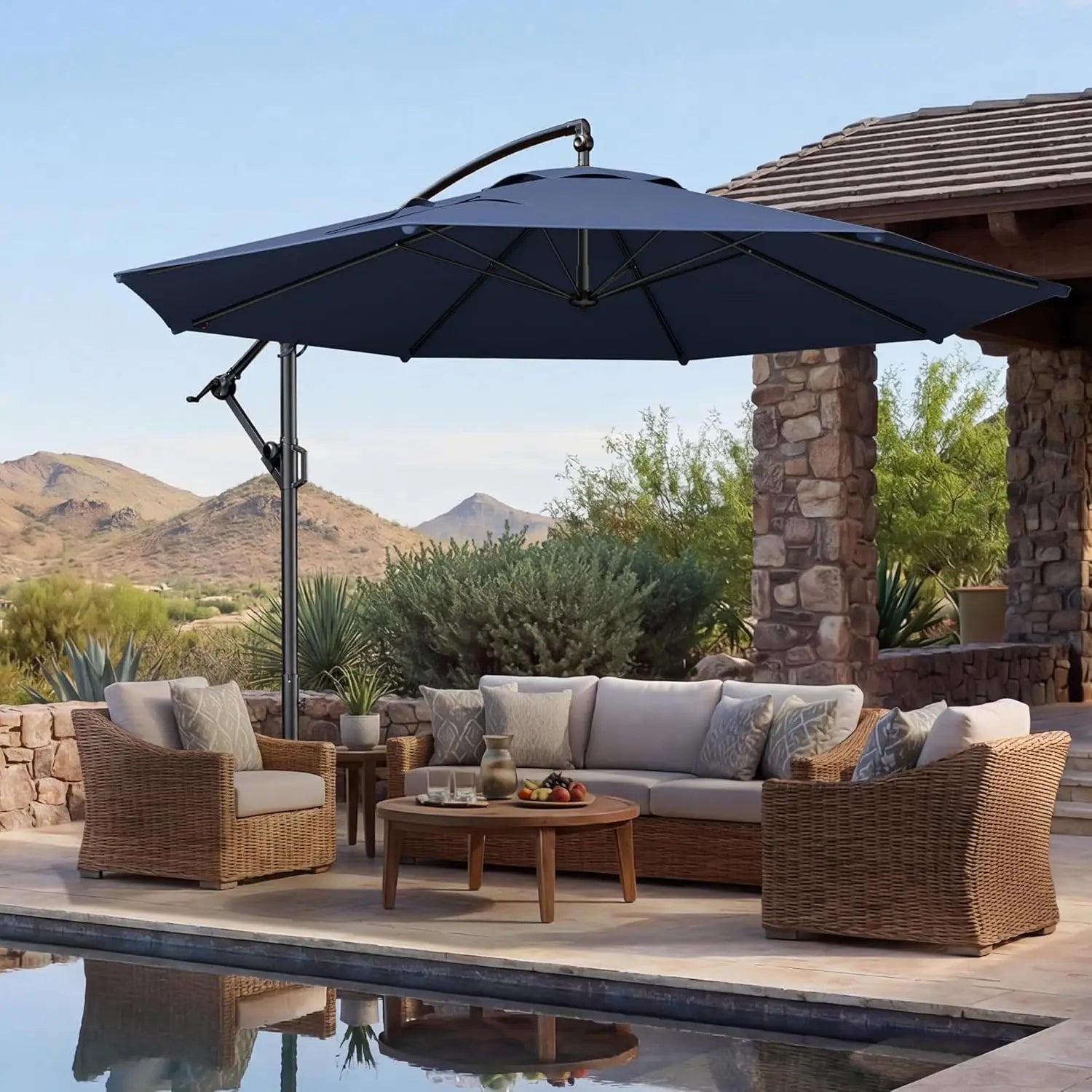 10ft Offset Patio Umbrella - w/Base, Cantilever Offset Hanging Patio Outdoor Market Umbrella UPF50+ UV Protection, Customized