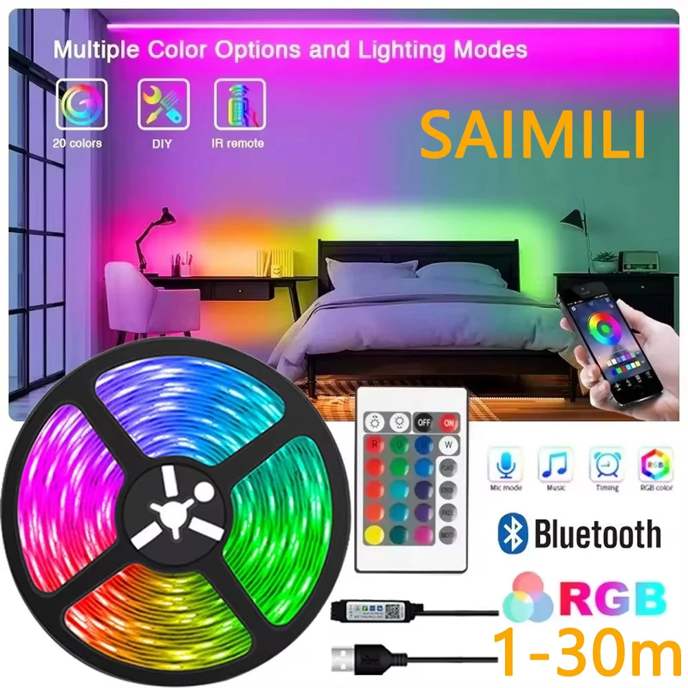1-30M USB 5V LED Strip Lights With Bluetooth 24Keys Remote Control RGB Flexible Lamp Diode Tape For Room Decoration TV Backlight