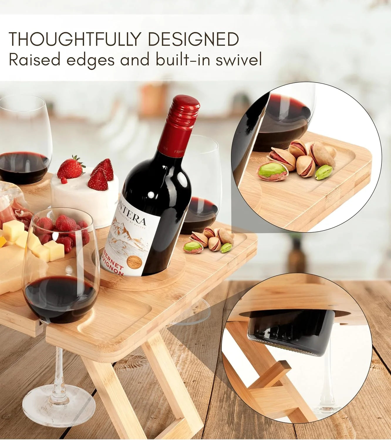Outdoor Wine Picnic Table, Folding Wine Table, Charcuterie Board with Wine Glass Holder, Mini Table for Picnic, Picnic Date Esse