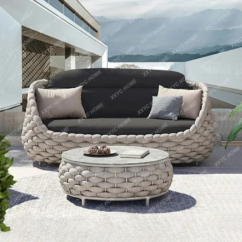 A  Custom Patio Rattan Furniture Modernism Outdoor Living Room Luxury Braided Leisure Party Curl Rattan Garden Sofa
