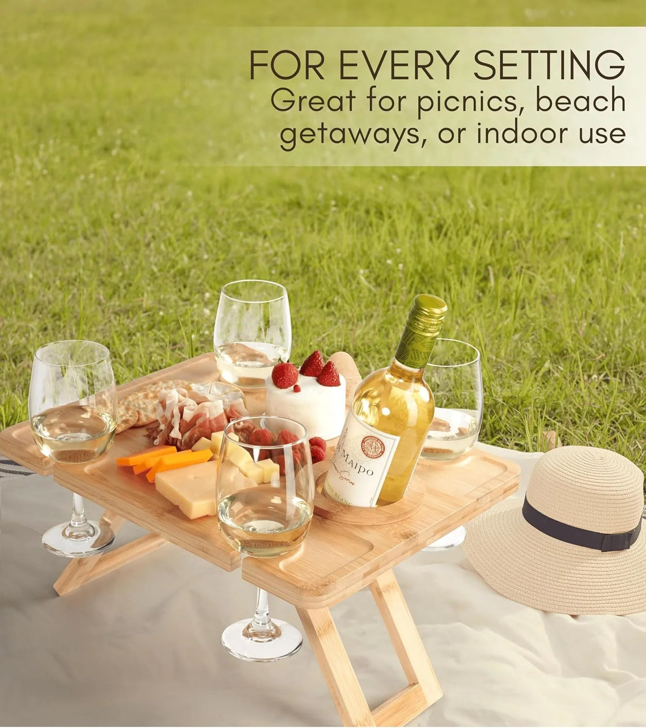 Outdoor Wine Picnic Table, Folding Wine Table, Charcuterie Board with Wine Glass Holder, Mini Table for Picnic, Picnic Date Esse
