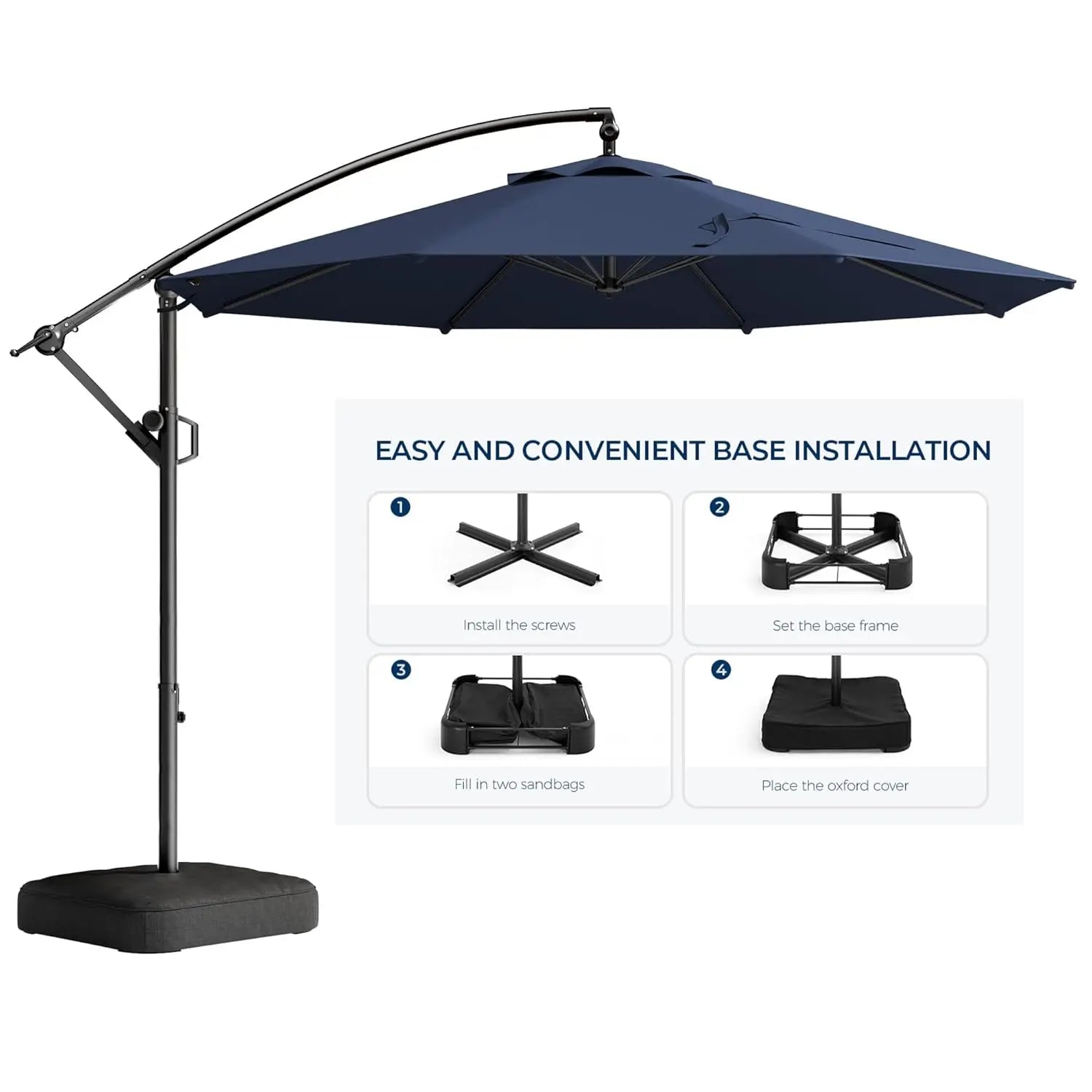 10ft Offset Patio Umbrella - w/Base, Cantilever Offset Hanging Patio Outdoor Market Umbrella UPF50+ UV Protection, Customized