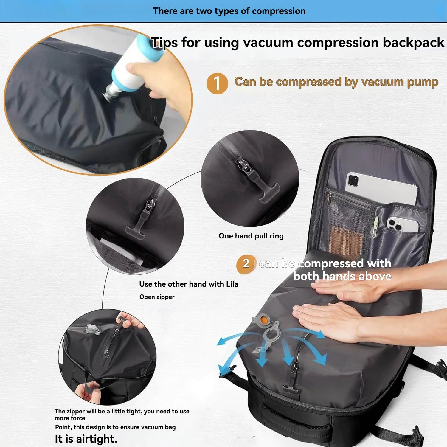 Vacuum sealed built-in air pump travel backpack, expandable travel backpack, equipped with vacuum system