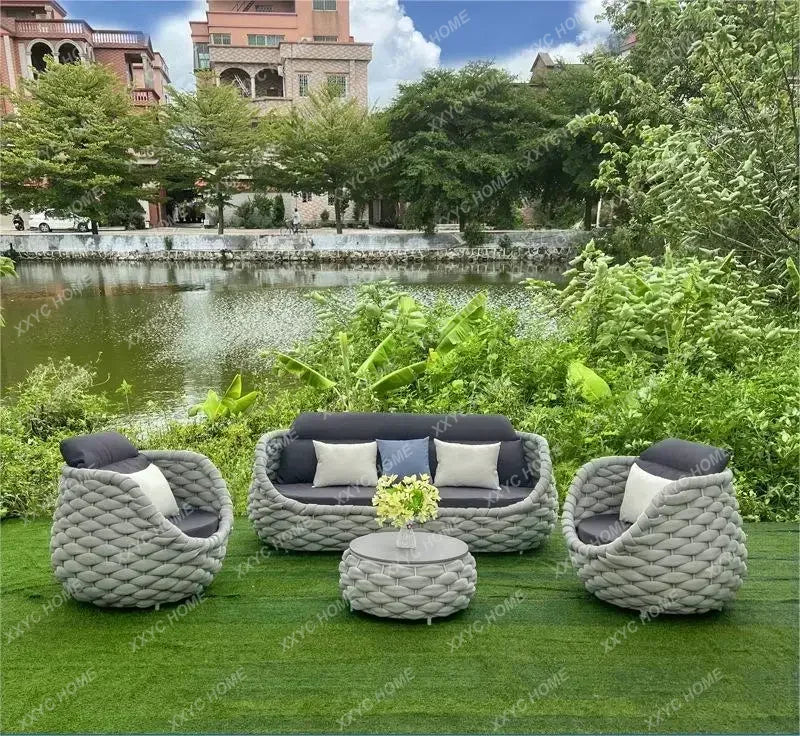 A  Custom Patio Rattan Furniture Modernism Outdoor Living Room Luxury Braided Leisure Party Curl Rattan Garden Sofa